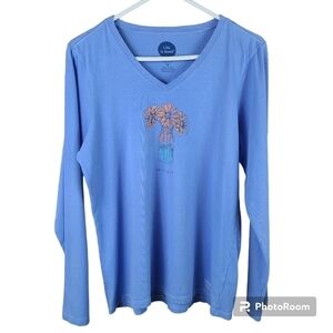 Life is Good Blue Long-Sleeve V-Neck Floral Tee